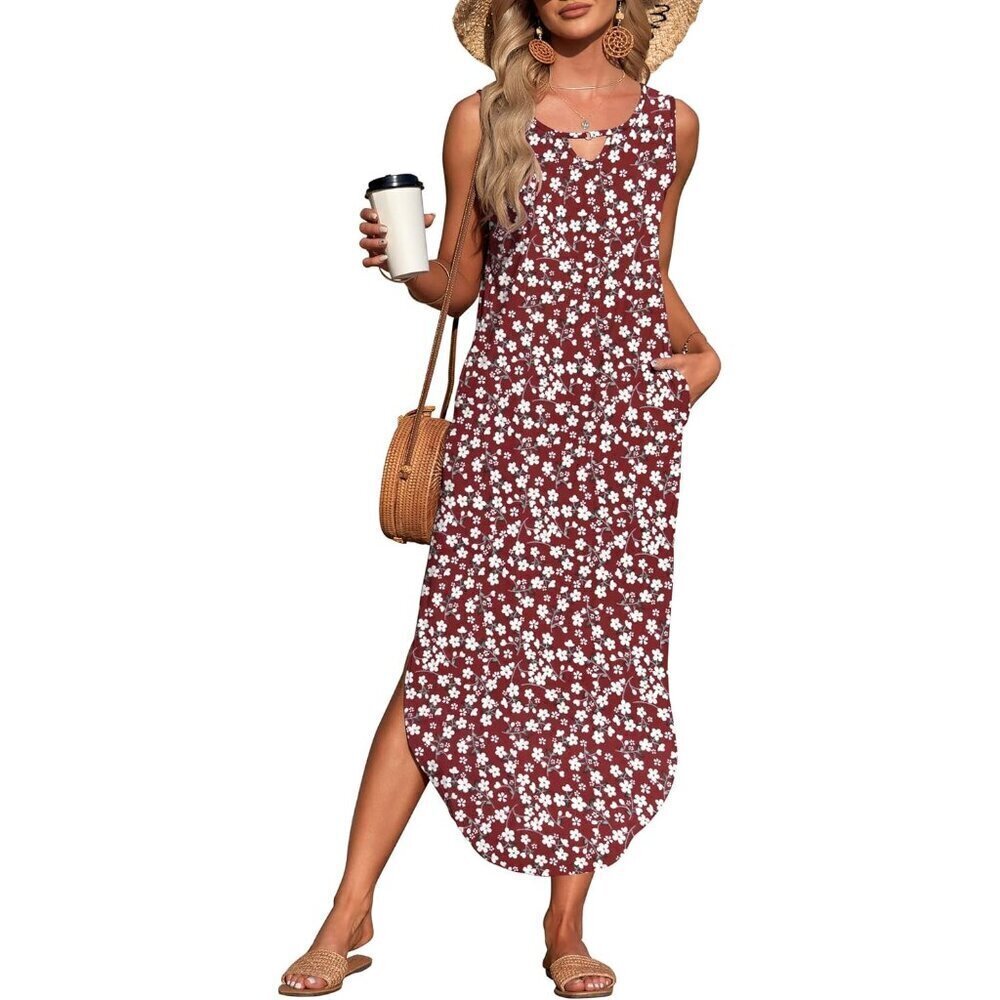 🆕 Women Red Summer Maxi Dress Sleeveless Casual Loose Long Beach Split Pocket